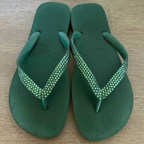 Havaianas Brazil Green Crystal Embellished Thong Flip Flops Sandals 42-42 - Picture 1 of 5